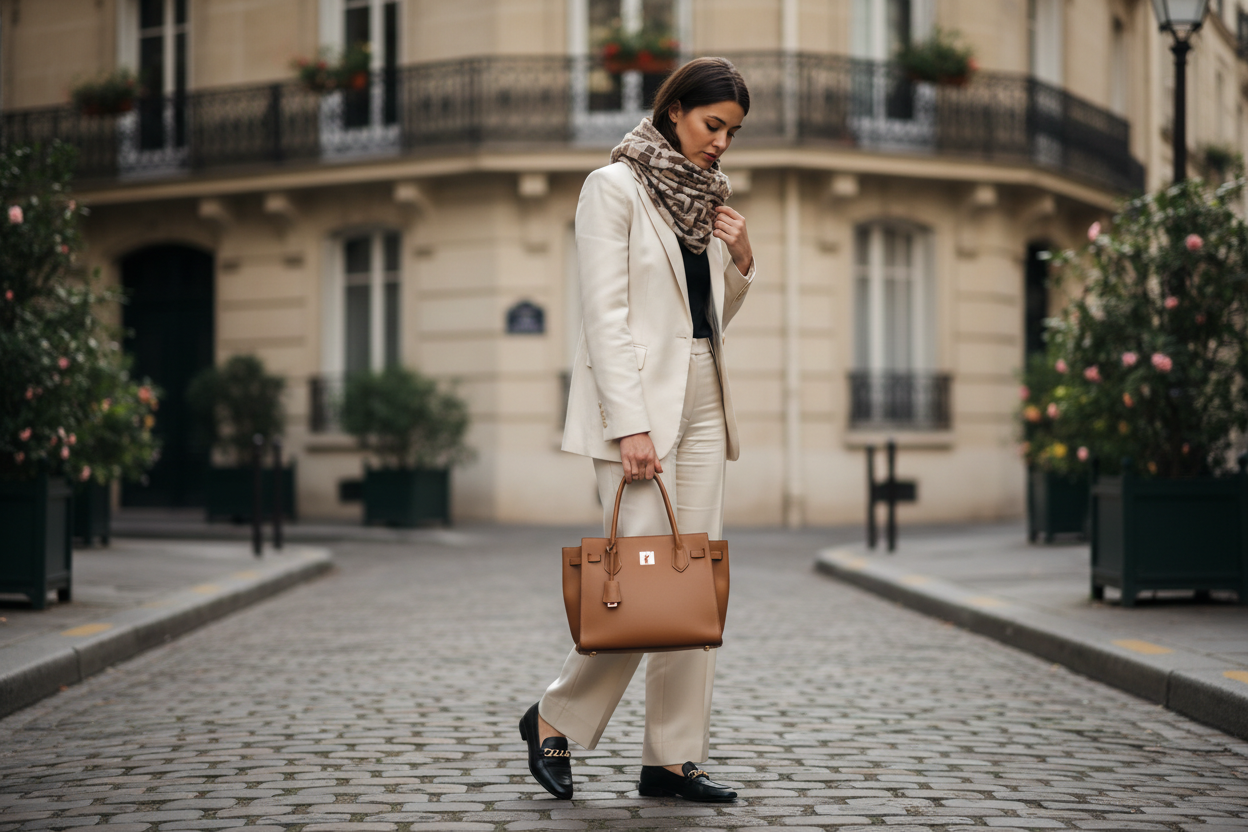 Women which is holding a Handbag and looks du the ground